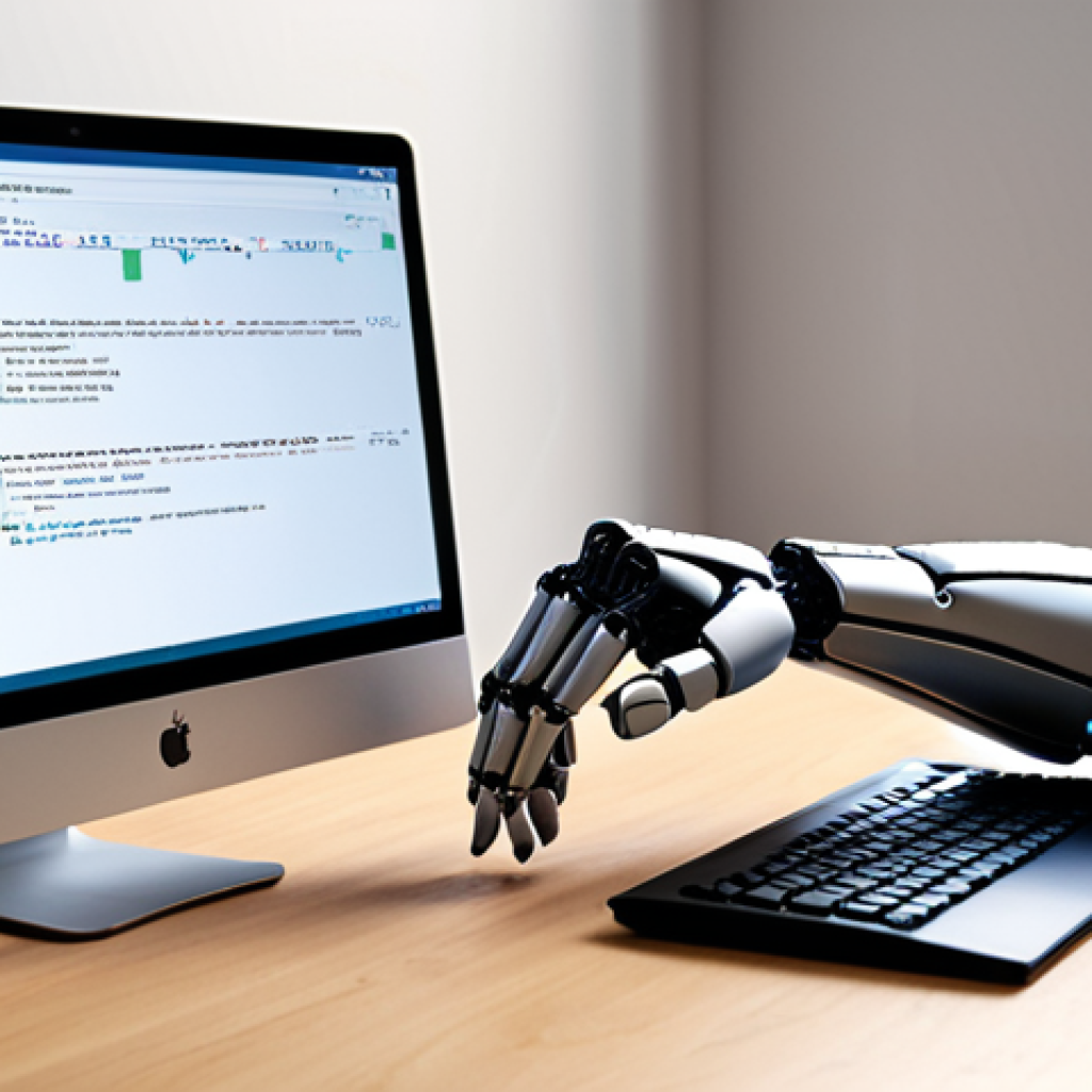 **An AI-powered coding assistant, visualized as a helpful robot arm extending from a computer screen, assisting a developer in writing code. Focus on efficiency and a clean, modern workspace. The scene should convey the idea of AI tools improving the development workflow.**