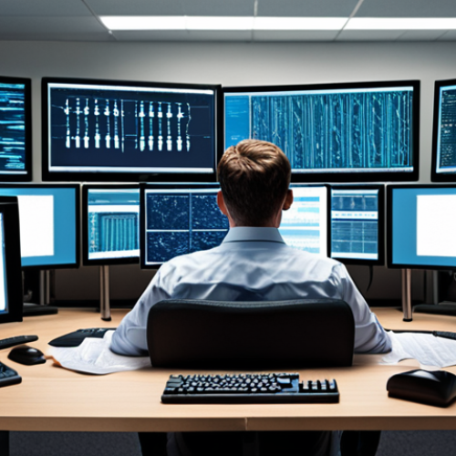 **Image Prompt:** A stressed IT professional surrounded by lines of code and security alerts, struggling to keep up with vulnerabilities. Emphasize the lack of resources and expertise. The scene should depict a messy office environment with multiple screens displaying complex data. Style: Realistic, slightly exaggerated.