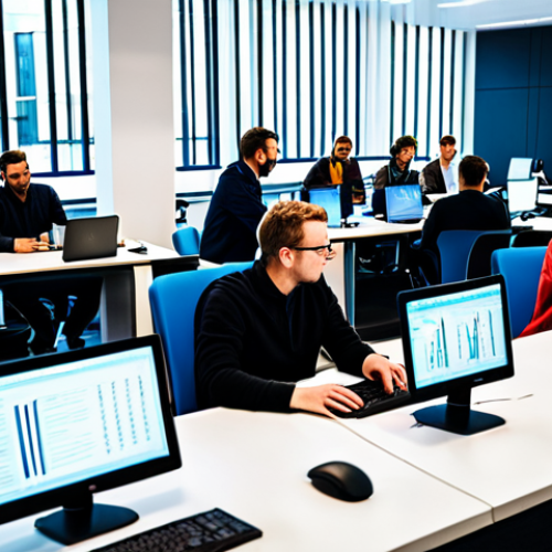 A diverse group of professional software developers, fully clothed in modern business casual attire, actively collaborating around a large desk in a bright, futuristic open-plan office. Screens display abstract code patterns and global connectivity lines, symbolizing shared knowledge and innovation across borders. The scene emphasizes teamwork, global reach, and a vibrant tech community. The subjects have perfect anatomy, correct proportions, well-formed hands, and natural poses. safe for work, appropriate content, fully clothed, professional, modest clothing.