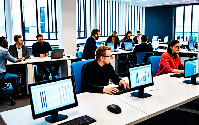 A diverse group of professional software developers, fully clothed in modern business casual attire, actively collaborating around a large desk in a bright, futuristic open-plan office. Screens display abstract code patterns and global connectivity lines, symbolizing shared knowledge and innovation across borders. The scene emphasizes teamwork, global reach, and a vibrant tech community. The subjects have perfect anatomy, correct proportions, well-formed hands, and natural poses. safe for work, appropriate content, fully clothed, professional, modest clothing.