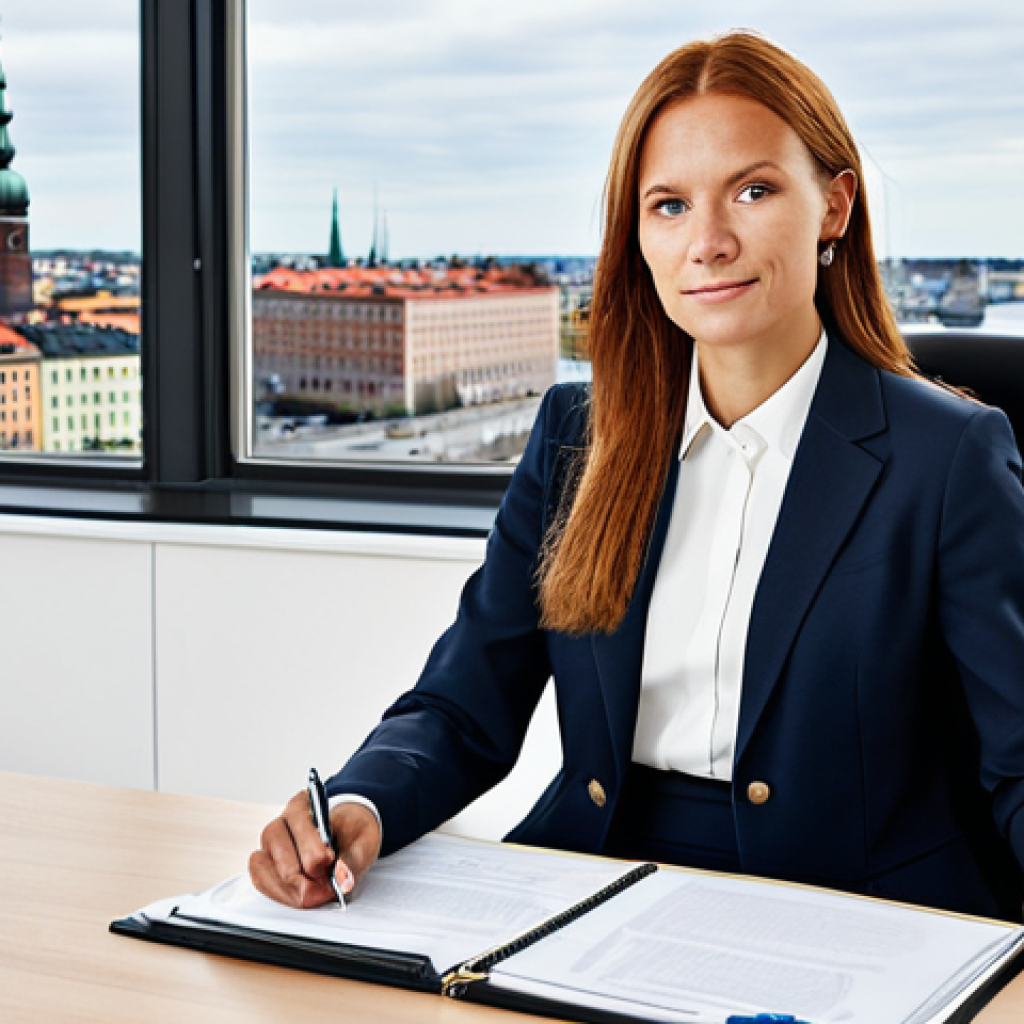 **

"A professional businesswoman in a modest business suit, sitting at a desk in a modern office in Stockholm, Sweden, fully clothed, appropriate attire, safe for work, perfect anatomy, natural proportions, professional photography, high quality. The office features Swedish design elements and a view of the city."

**
