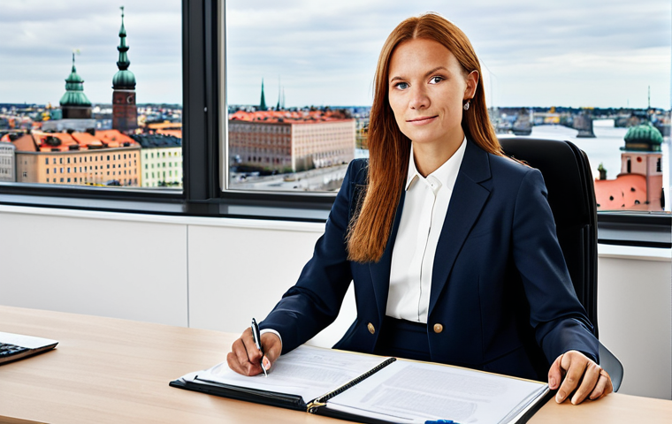 **

"A professional businesswoman in a modest business suit, sitting at a desk in a modern office in Stockholm, Sweden, fully clothed, appropriate attire, safe for work, perfect anatomy, natural proportions, professional photography, high quality. The office features Swedish design elements and a view of the city."

**