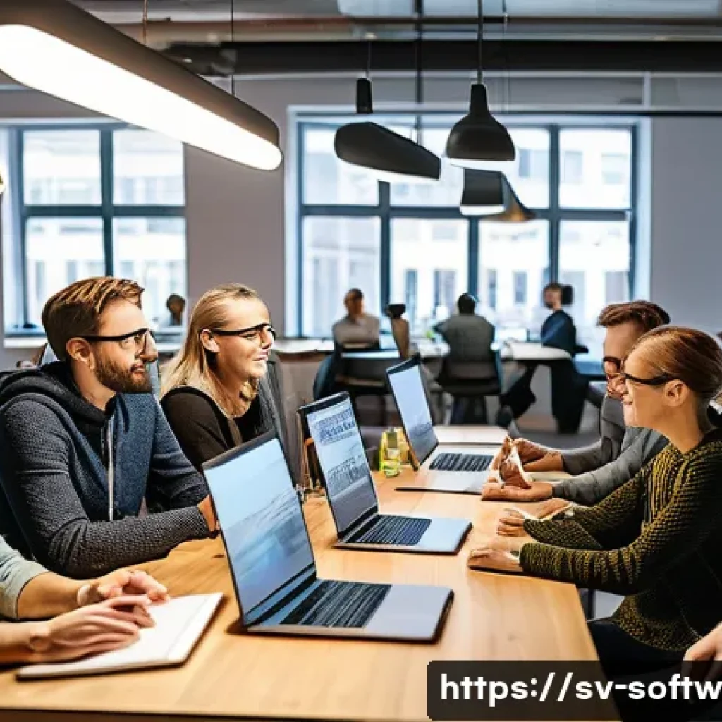 오픈소스 소프트웨어의 시장 진입 전략 - A vibrant and diverse group of software developers and users gathered in a modern co-working space i...