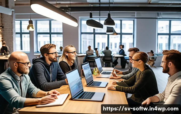 오픈소스 소프트웨어의 시장 진입 전략 - A vibrant and diverse group of software developers and users gathered in a modern co-working space i...