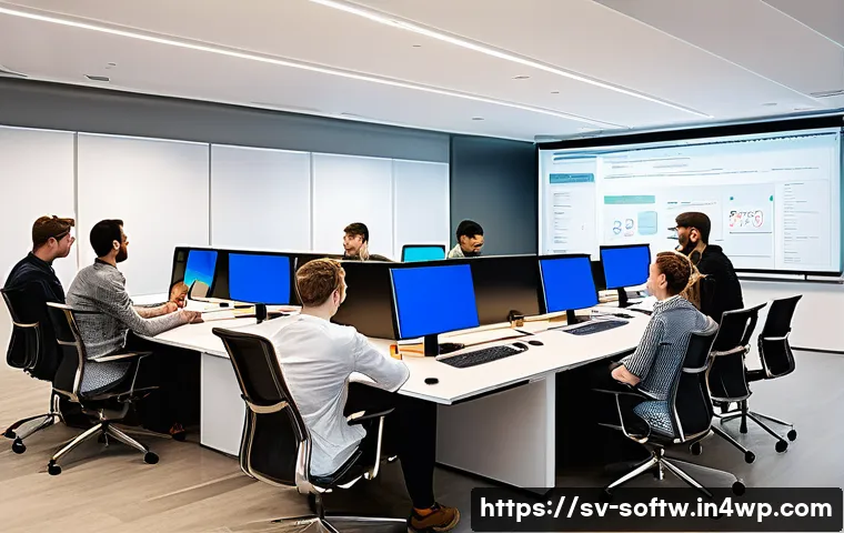 오픈소스 소프트웨어의 법적 고려사항 - A professional office scene showing a diverse team of software developers and legal experts collabor...