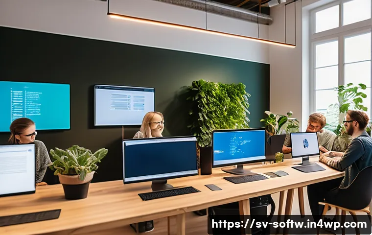 오픈소스 소프트웨어의 핵심 개념 - A vibrant Swedish tech community collaborating in a modern co-working space, diverse developers of v...