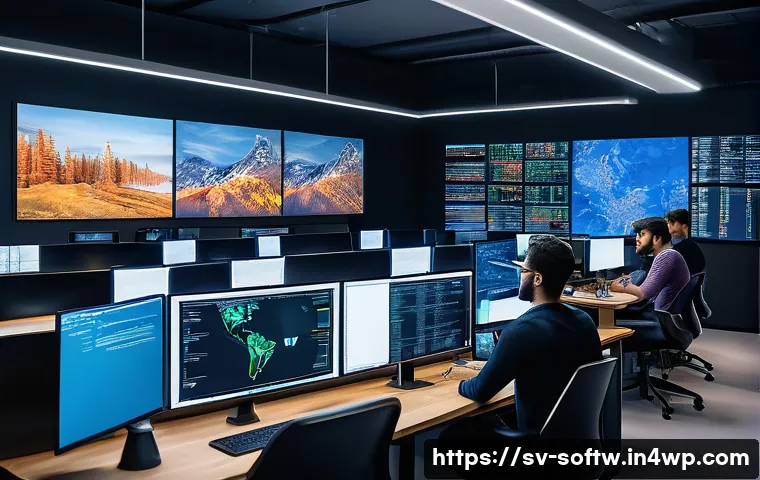 오픈소스 소프트웨어와 차세대 기술 - A vibrant, futuristic open source software development scene showing a diverse, global team of progr...