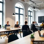 오픈소스 소프트웨어의 성격과 특징 - A vibrant co-working space in Stockholm filled with diverse software developers collaborating openly...