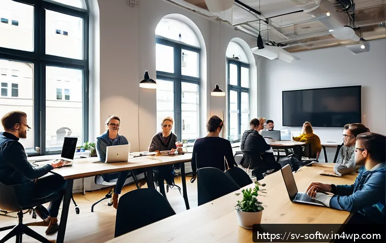 오픈소스 소프트웨어의 성격과 특징 - A vibrant co-working space in Stockholm filled with diverse software developers collaborating openly...
