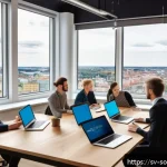 Home 20 오픈소스 소프트웨어와 혁신적인 솔루션 - A vibrant scene depicting a diverse group of Swedish technology professionals and academics collabor...