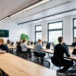 Home 18 오픈소스 소프트웨어의 사업 모델 혁신 - A modern Scandinavian office environment where a diverse group of software developers collaborate ar...