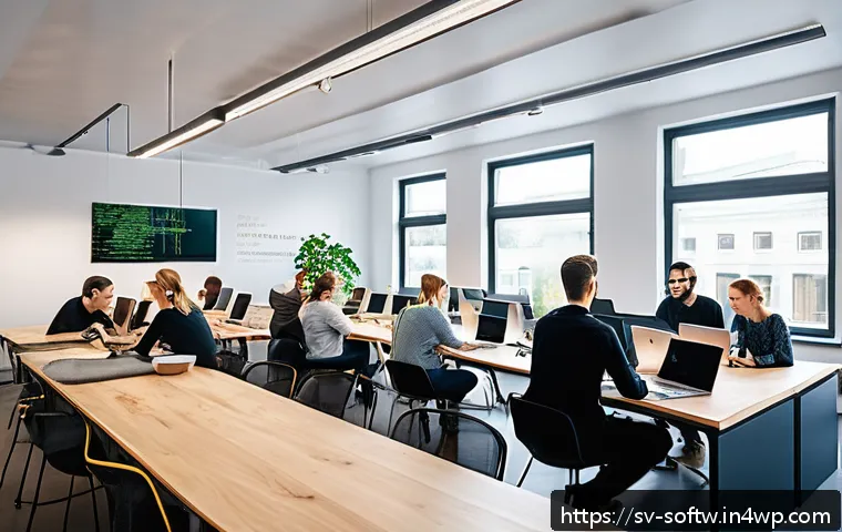 오픈소스 소프트웨어의 사업 모델 혁신 - A modern Scandinavian office environment where a diverse group of software developers collaborate ar...