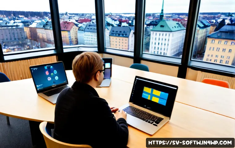 Home 17 오픈소스 소프트웨어의 미래 전망 - Photorealistic modern Swedish technology workspace in Stockholm, diverse software developers collabo...
